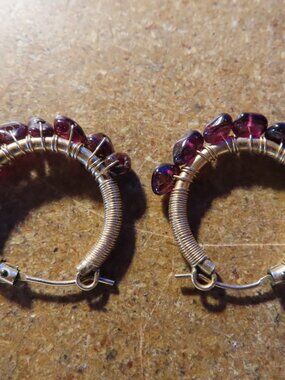 14K YELLOW GOLD FILLED RED GEMSTONES HOOP EARRINGS